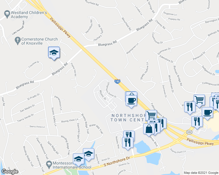 map of restaurants, bars, coffee shops, grocery stores, and more near 9762 Clingmans Dome Drive in Knoxville
