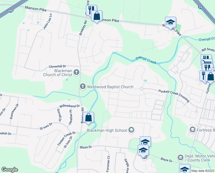 map of restaurants, bars, coffee shops, grocery stores, and more near 1031 Licinius Lane in Murfreesboro