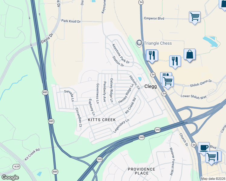 map of restaurants, bars, coffee shops, grocery stores, and more near 1110 Oatney Ridge Lane in Morrisville