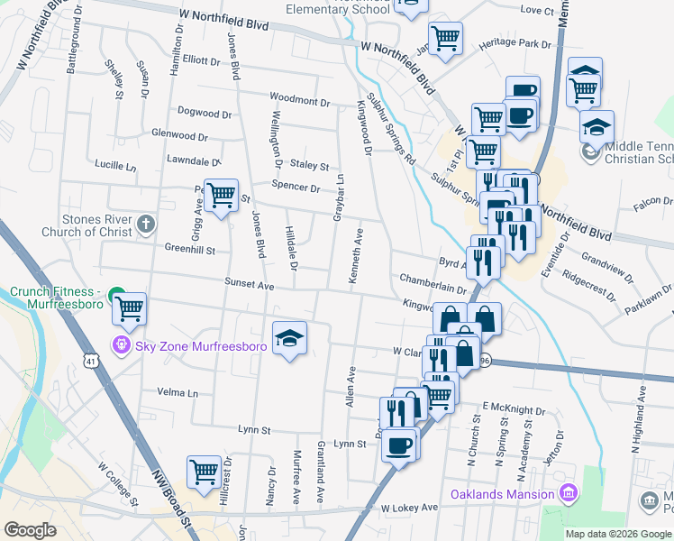 map of restaurants, bars, coffee shops, grocery stores, and more near 1515 Kenneth Avenue in Murfreesboro