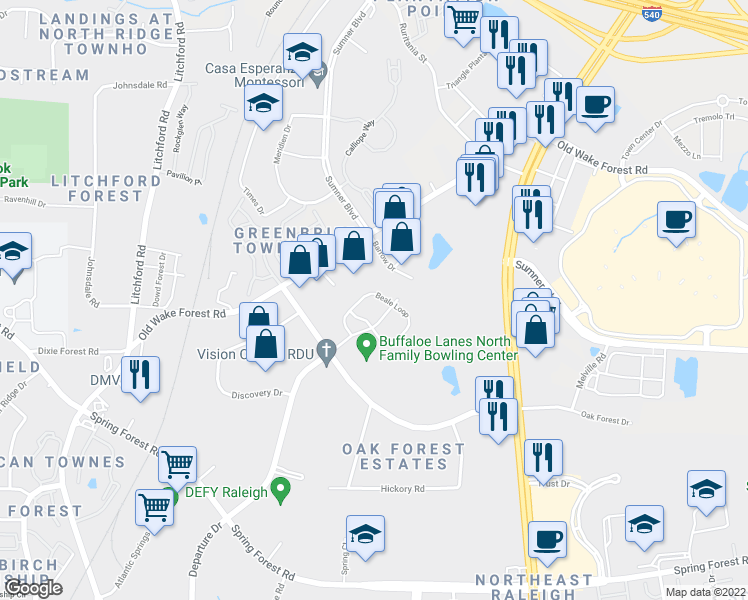map of restaurants, bars, coffee shops, grocery stores, and more near 6070 Beale Loop in Raleigh