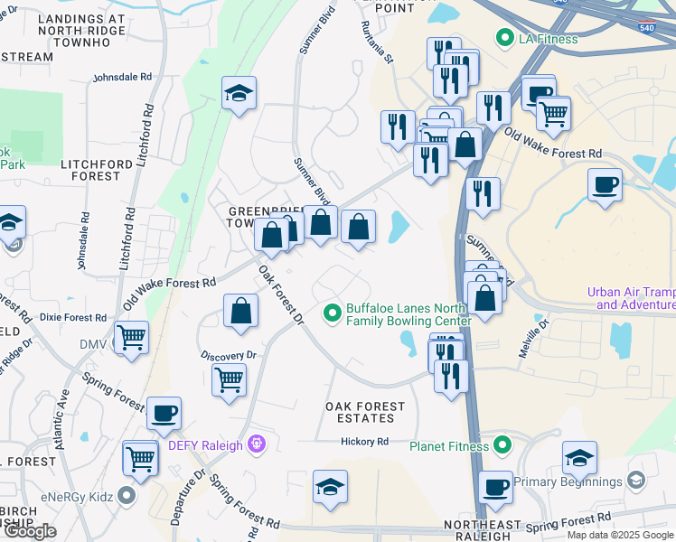 map of restaurants, bars, coffee shops, grocery stores, and more near 6070 Beale Loop in Raleigh