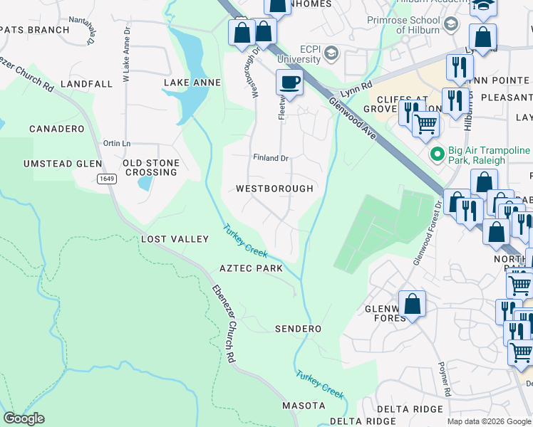 map of restaurants, bars, coffee shops, grocery stores, and more near 8000 Elderson Lane in Raleigh