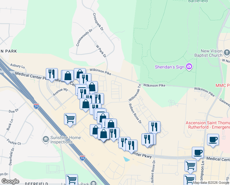 map of restaurants, bars, coffee shops, grocery stores, and more near 2655 Wilkinson Pike in Murfreesboro