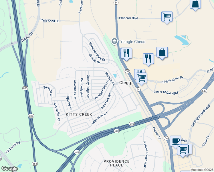 map of restaurants, bars, coffee shops, grocery stores, and more near 1109 Hemby Ridge Lane in Morrisville