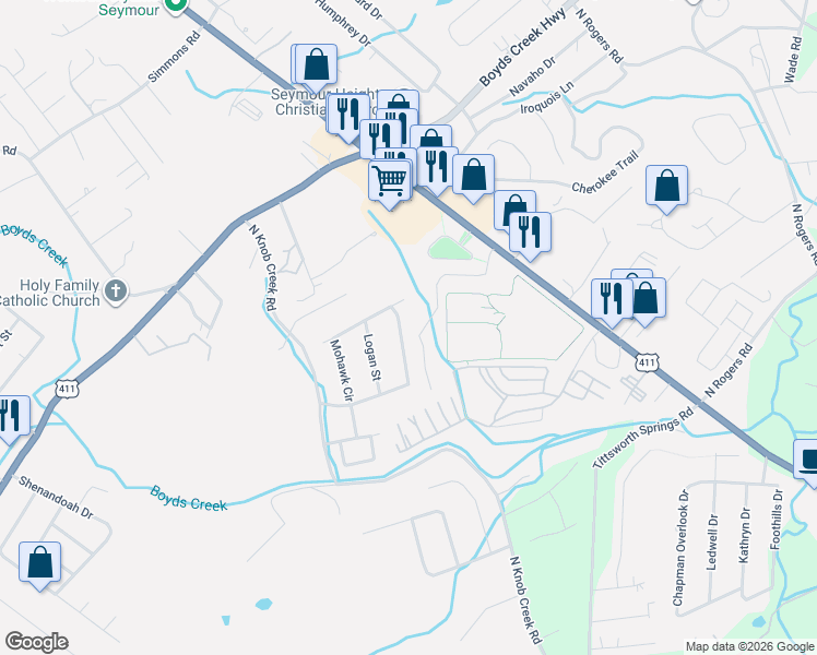 map of restaurants, bars, coffee shops, grocery stores, and more near 232 Mohawk Cir in Seymour