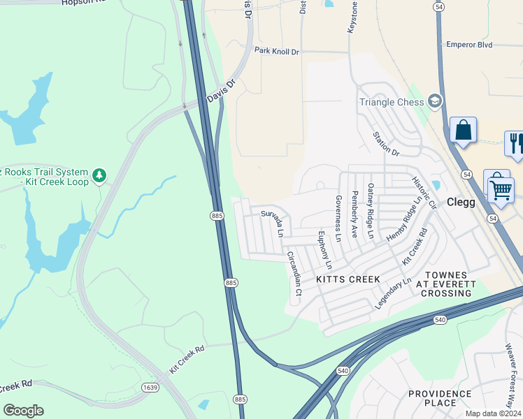 map of restaurants, bars, coffee shops, grocery stores, and more near 1160 Survada Lane in Morrisville