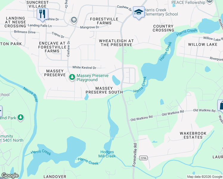 map of restaurants, bars, coffee shops, grocery stores, and more near 3401 Grosbeak Way in Raleigh