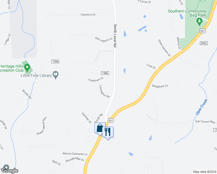 map of restaurants, bars, coffee shops, grocery stores, and more near 1614 Smith Level Road in Chapel Hill