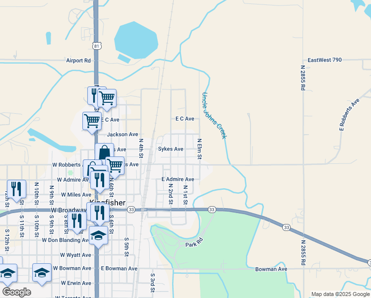 map of restaurants, bars, coffee shops, grocery stores, and more near North 1st Street in Kingfisher