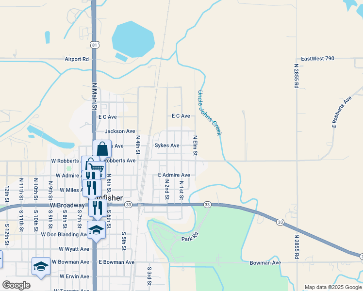 map of restaurants, bars, coffee shops, grocery stores, and more near North 1st Street in Kingfisher