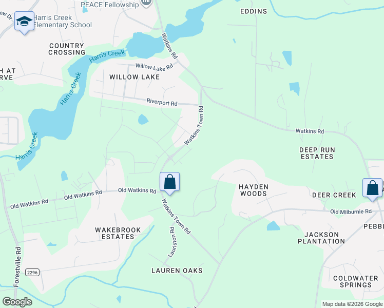 map of restaurants, bars, coffee shops, grocery stores, and more near 2932 Watkins Town Road in Raleigh