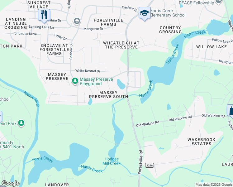 map of restaurants, bars, coffee shops, grocery stores, and more near 3401 Grosbeak Way in Raleigh