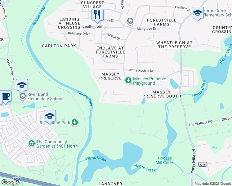 map of restaurants, bars, coffee shops, grocery stores, and more near 3930 Massey Run in Raleigh
