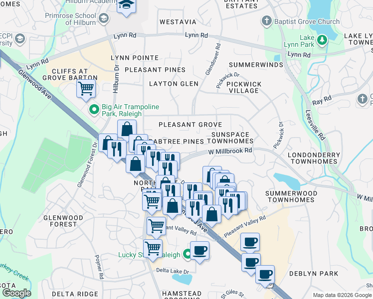 map of restaurants, bars, coffee shops, grocery stores, and more near 4316 Pine Springs Court in Raleigh