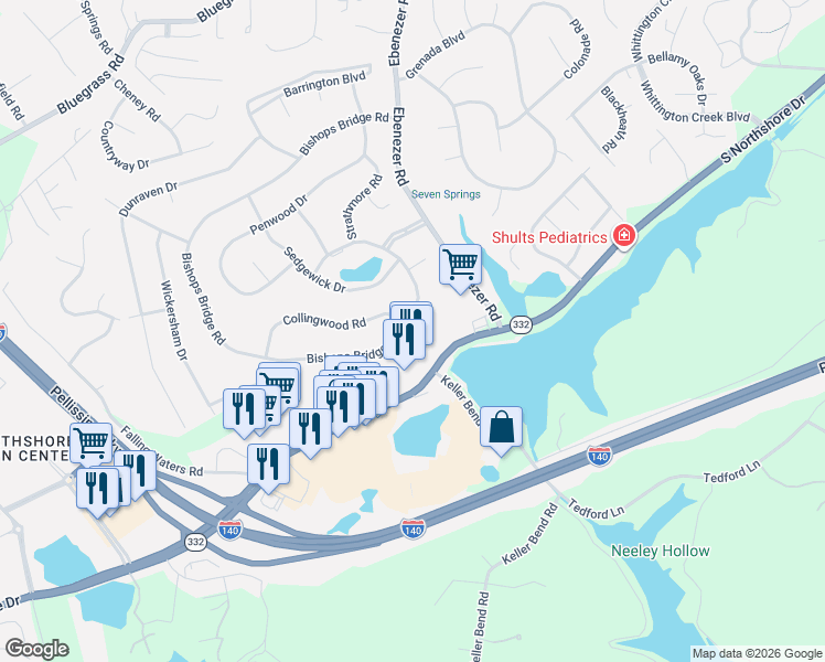 map of restaurants, bars, coffee shops, grocery stores, and more near 2000 Bishops Bridge Road in Knoxville