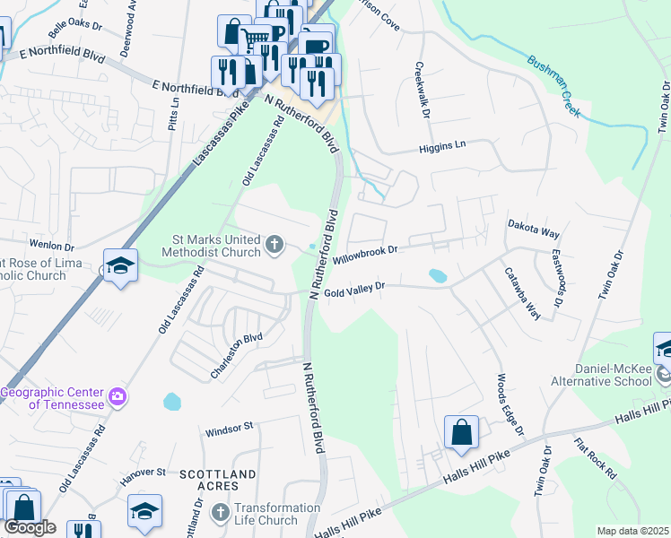 map of restaurants, bars, coffee shops, grocery stores, and more near 2304 Willowbrook Drive in Murfreesboro