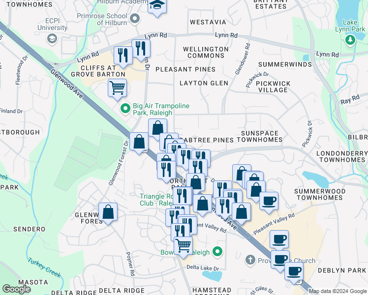 map of restaurants, bars, coffee shops, grocery stores, and more near 4663 Pine Trace Drive in Raleigh
