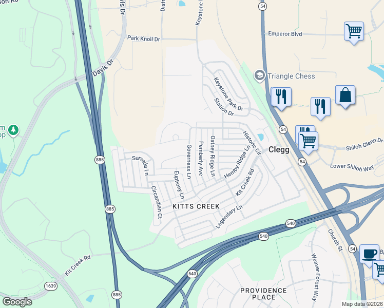 map of restaurants, bars, coffee shops, grocery stores, and more near 1112 Pemberly Avenue in Morrisville