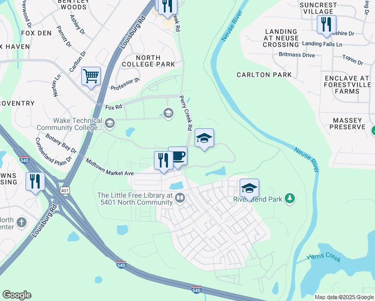 map of restaurants, bars, coffee shops, grocery stores, and more near 6643 Perry Creek Road in Raleigh