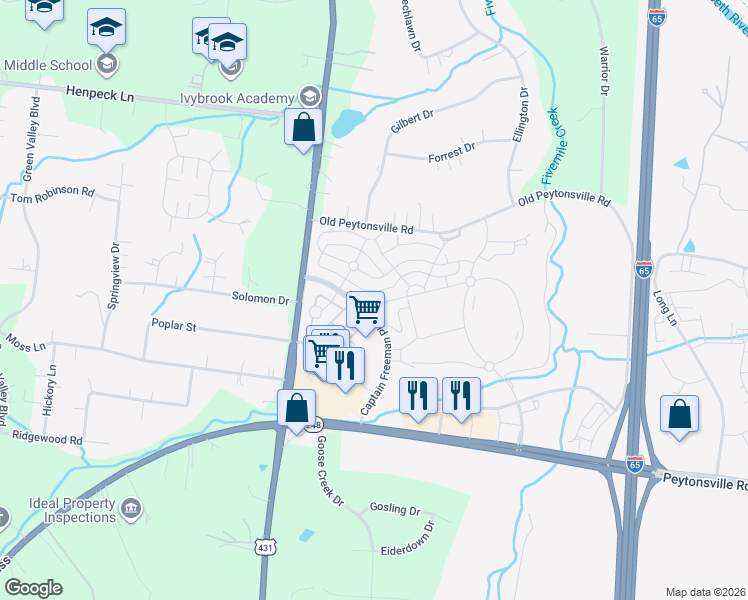 map of restaurants, bars, coffee shops, grocery stores, and more near 2005 Rural Plains Circle in Franklin
