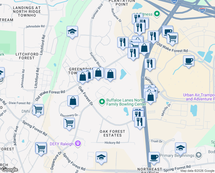 map of restaurants, bars, coffee shops, grocery stores, and more near 6070 Beale Loop in Raleigh