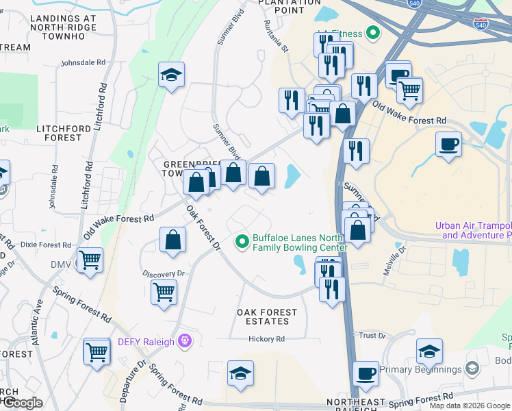 map of restaurants, bars, coffee shops, grocery stores, and more near 6070 Beale Loop in Raleigh