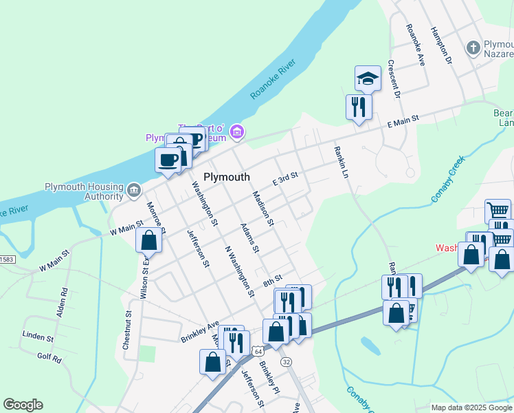 map of restaurants, bars, coffee shops, grocery stores, and more near 307 Madison Street in Plymouth