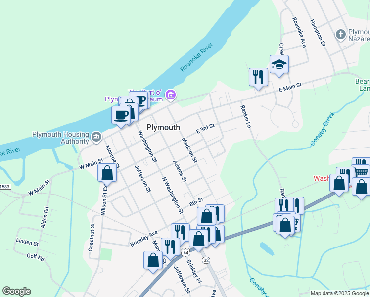 map of restaurants, bars, coffee shops, grocery stores, and more near 307 Madison Street in Plymouth
