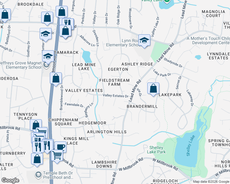 map of restaurants, bars, coffee shops, grocery stores, and more near 5910 Valley Estates Drive in Raleigh