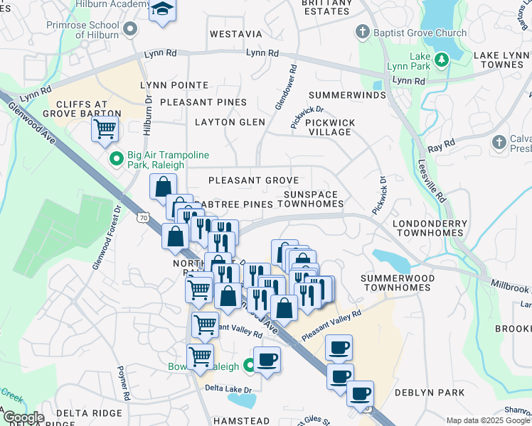 map of restaurants, bars, coffee shops, grocery stores, and more near 4404 Still Pines Drive in Raleigh