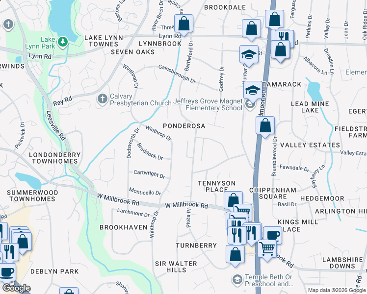 map of restaurants, bars, coffee shops, grocery stores, and more near 3016 Adonis Circle in Raleigh