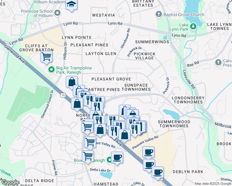map of restaurants, bars, coffee shops, grocery stores, and more near 4404 Still Pines Drive in Raleigh