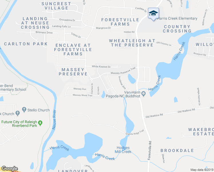 map of restaurants, bars, coffee shops, grocery stores, and more near 3432 Massey Pond Trail in Raleigh