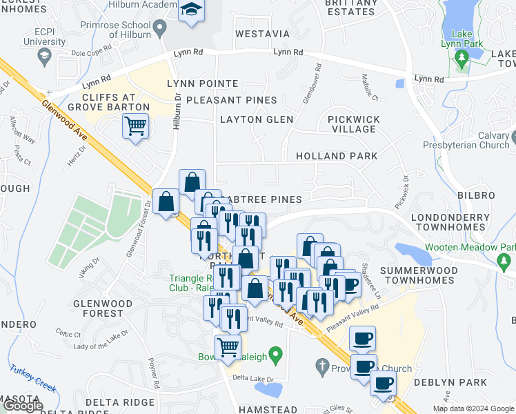 map of restaurants, bars, coffee shops, grocery stores, and more near 4633 Pine Trace Drive in Raleigh