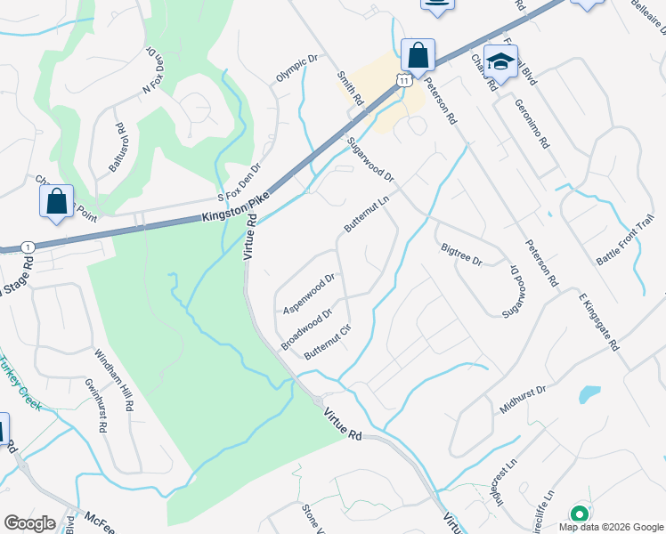 map of restaurants, bars, coffee shops, grocery stores, and more near 12100 Aspenwood Drive in Knoxville