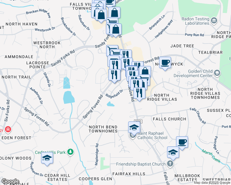 map of restaurants, bars, coffee shops, grocery stores, and more near 800 Springfield Commons Drive in Raleigh