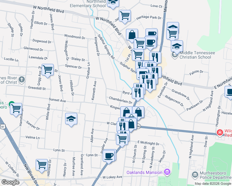 map of restaurants, bars, coffee shops, grocery stores, and more near 310 Chamberlain Drive in Murfreesboro