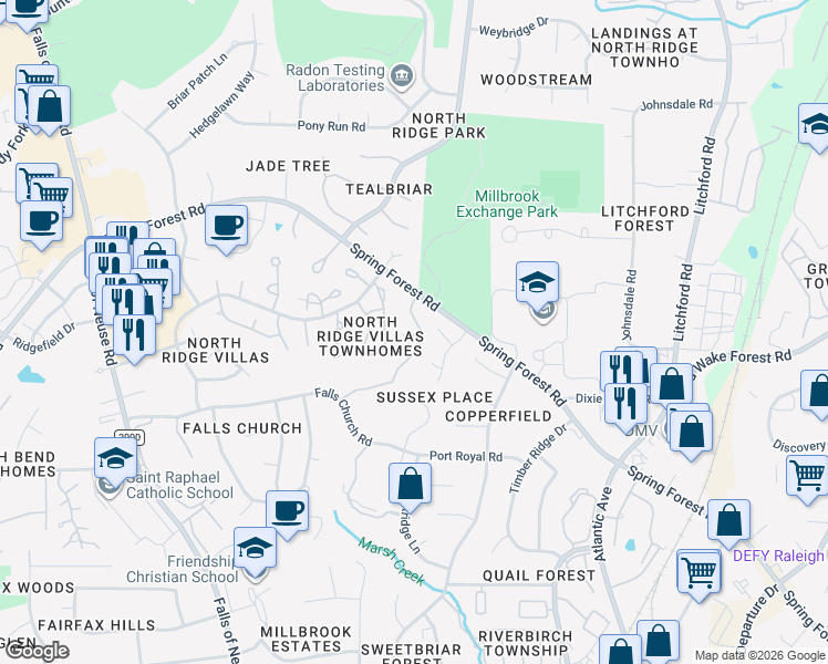 map of restaurants, bars, coffee shops, grocery stores, and more near 6013 Sentinel Drive in Raleigh