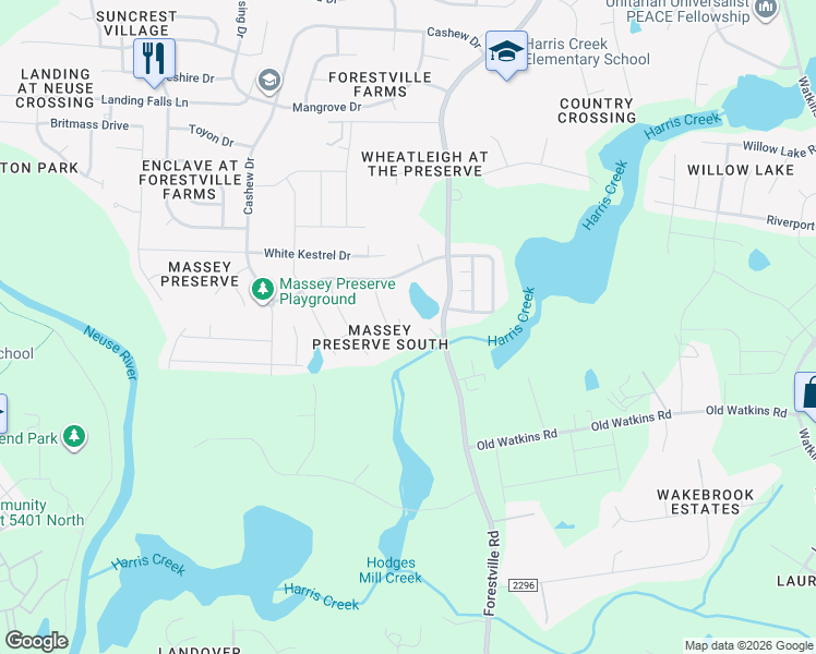 map of restaurants, bars, coffee shops, grocery stores, and more near 3401 Grosbeak Way in Raleigh