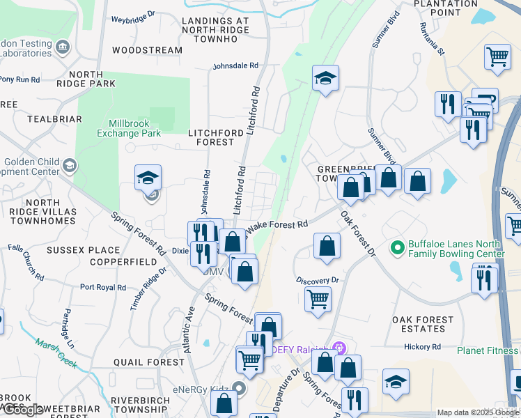 map of restaurants, bars, coffee shops, grocery stores, and more near 6148 Johnsdale Road in Raleigh