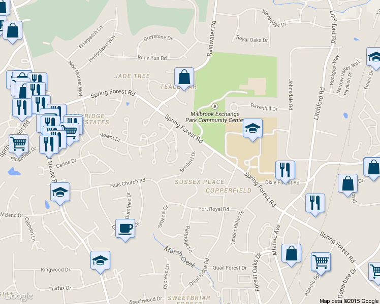 map of restaurants, bars, coffee shops, grocery stores, and more near 6013 Sentinel Drive in Raleigh