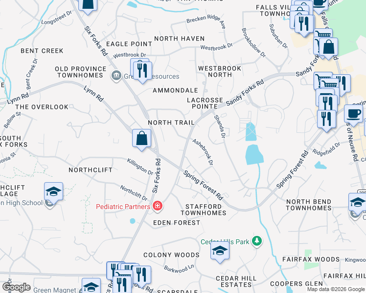 map of restaurants, bars, coffee shops, grocery stores, and more near 204 Windfield Court in Raleigh