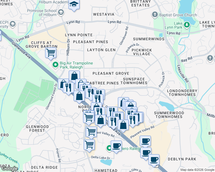 map of restaurants, bars, coffee shops, grocery stores, and more near 4316 Pine Springs Court in Raleigh