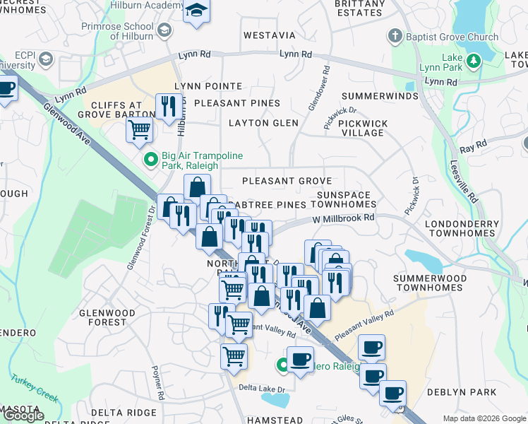 map of restaurants, bars, coffee shops, grocery stores, and more near 4633 Pine Trace Drive in Raleigh
