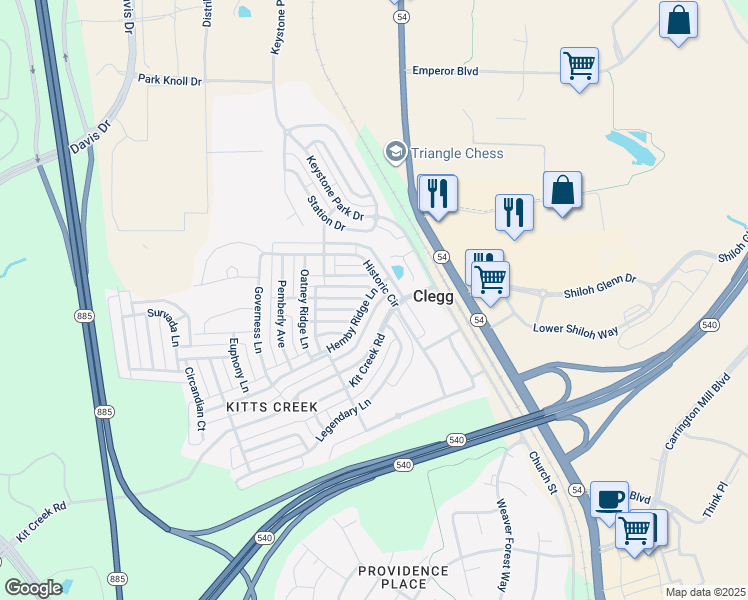 map of restaurants, bars, coffee shops, grocery stores, and more near 1009 Hemby Ridge Lane in Morrisville