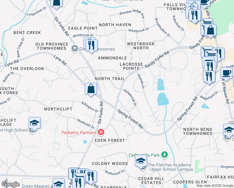 map of restaurants, bars, coffee shops, grocery stores, and more near 204 Windfield Court in Raleigh