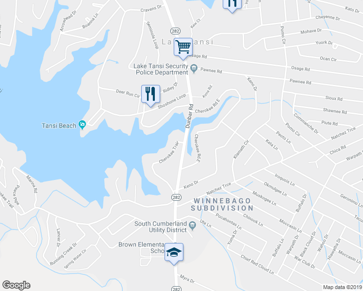 map of restaurants, bars, coffee shops, grocery stores, and more near 9572 Cherokee Trail in Crossville