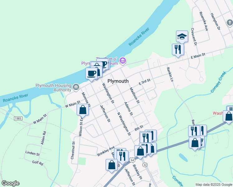 map of restaurants, bars, coffee shops, grocery stores, and more near 106 East 3rd Street in Plymouth