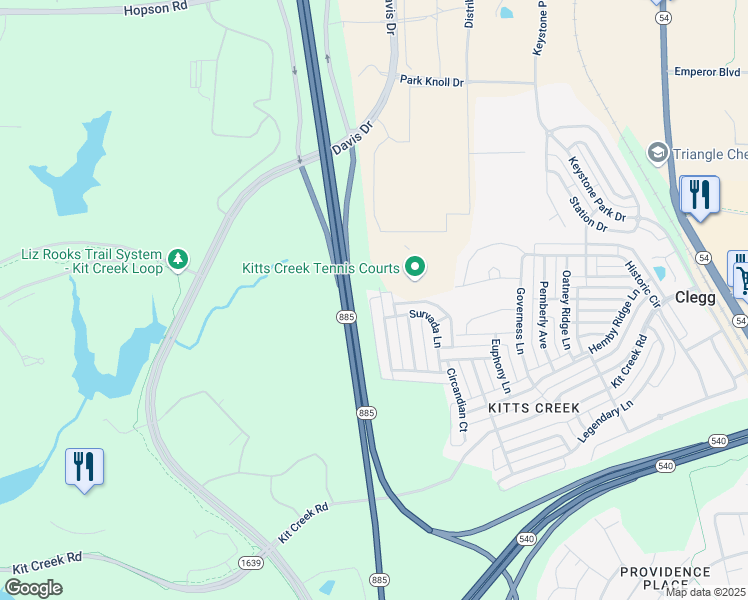 map of restaurants, bars, coffee shops, grocery stores, and more near 2109 Aventon Lane in Morrisville